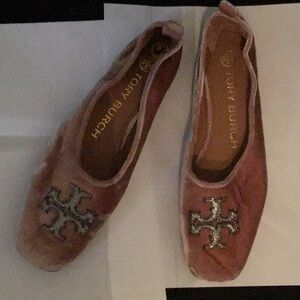 Tory Burch PINK Velvet Ballet Flats with Crystal Logo